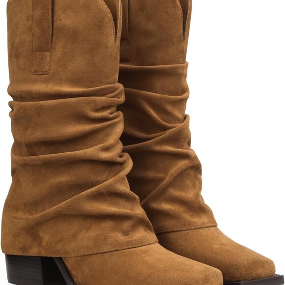 Shoes - Women's Suede Cowboy Boots Mid Calf Chunky Heel Fold Over Western Casual